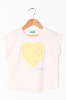 United Colors of Benetton - Kerek nyakú póló szív alakú rátétekkel, Halvány rózsaszín/Sárga