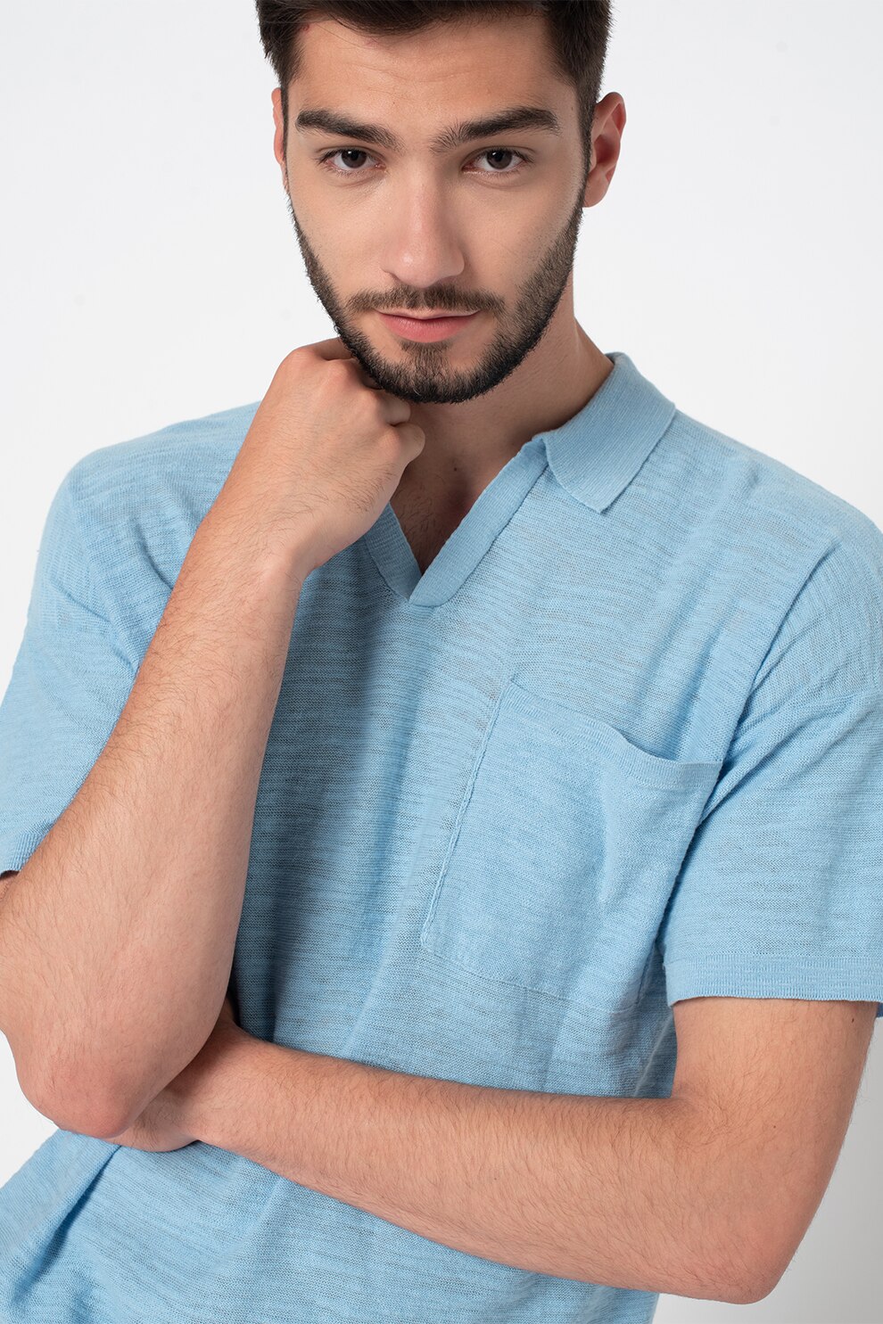United Colors of Benetton, Tricou polo din amestec de in, Albastru lavanda