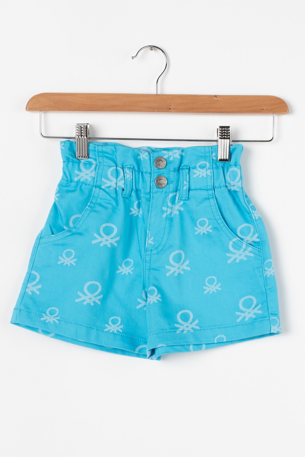 United Colors of Benetton, Pantaloni scurti cu talie inalta si imprimeu logo, Bleu/Alb