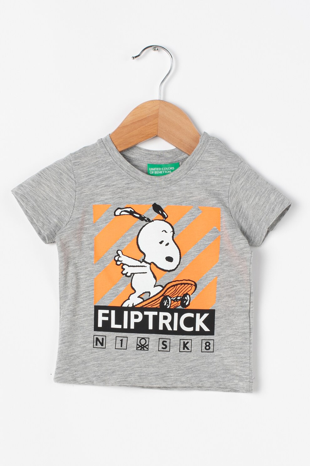 United Colors of Benetton, Tricou cu imprimeu cu desene, Gri deschis/Oranj/Negru