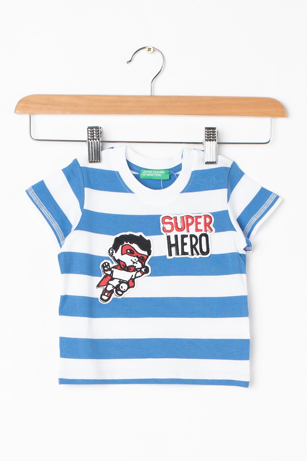 United Colors of Benetton, Tricou cu dungi si aplicatii decorative, Alb/Bleu/Albastru inchis
