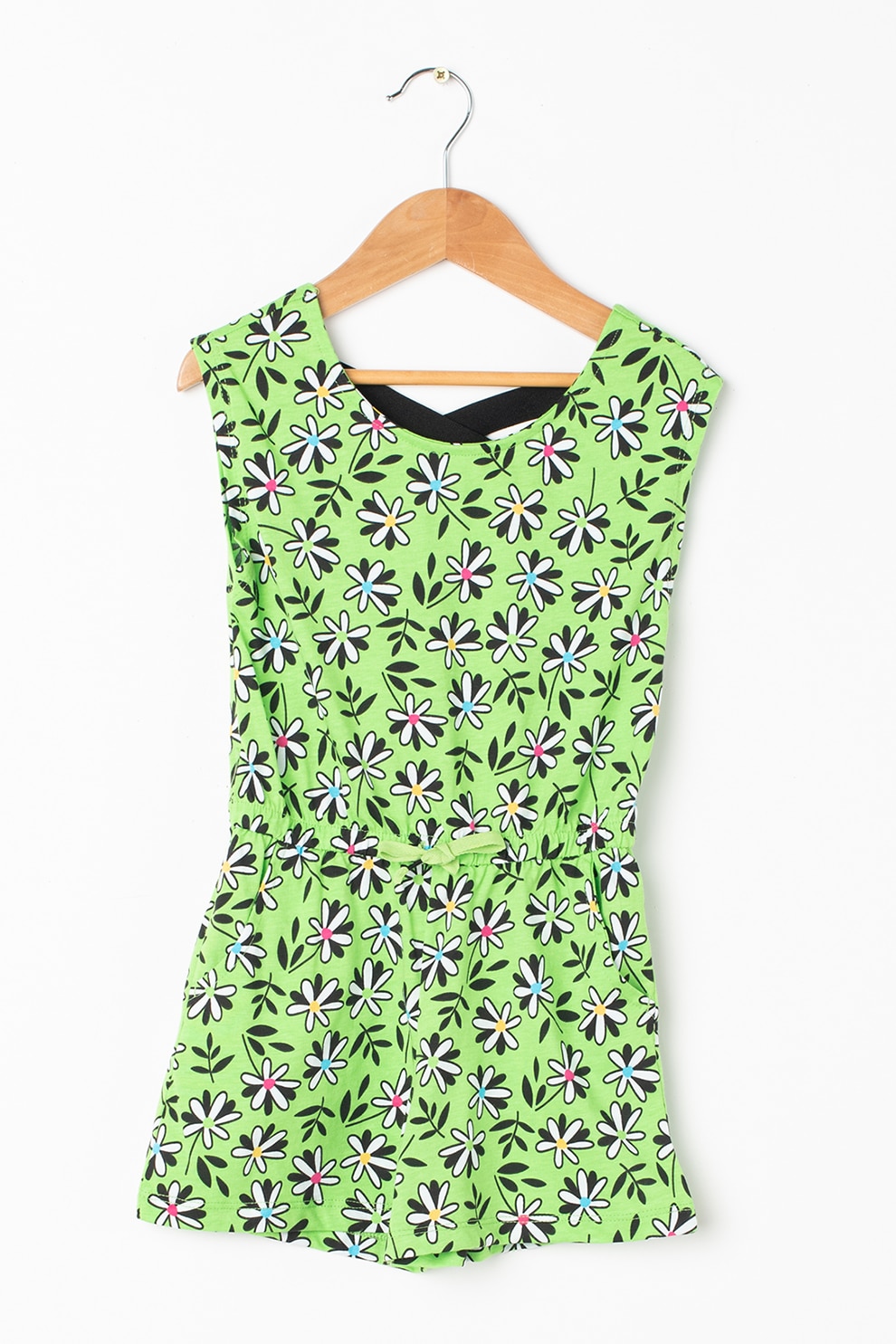 United Colors of Benetton, Salopeta scurta din jerseu cu imprimeu floral, Verde deschis/Alb/Negru, 110 CM