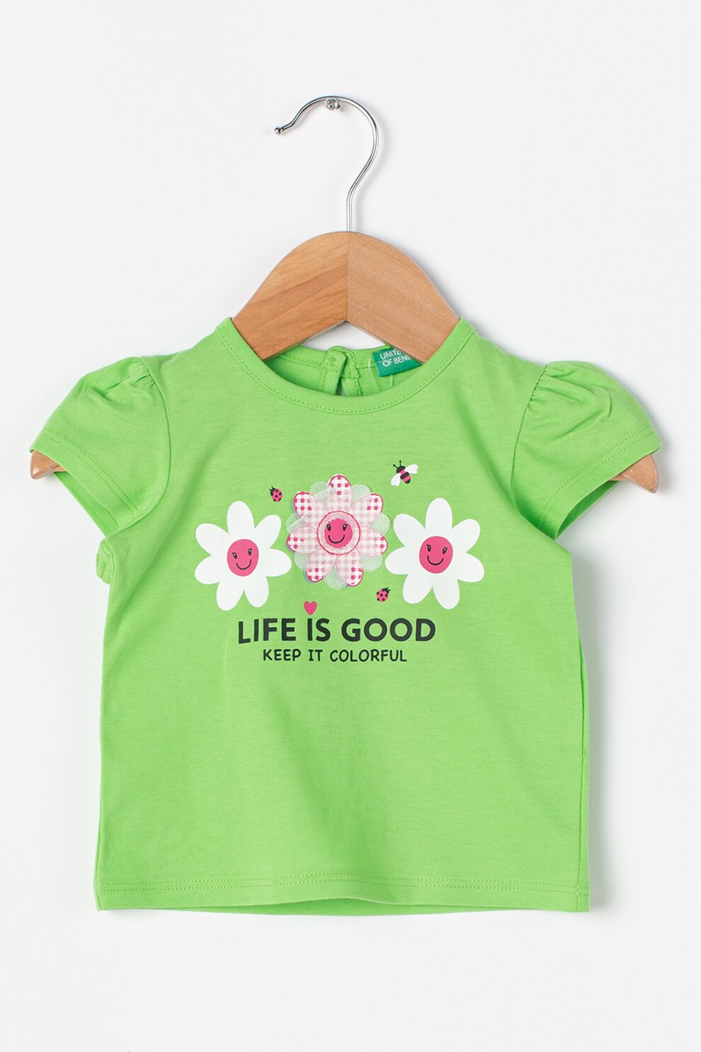 United Colors of Benetton, Tricou de bumbac cu imprimeu, verde deschis, alb, roz
