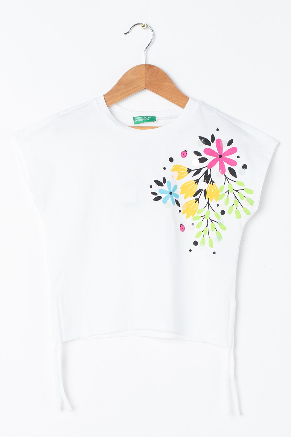 United Colors of Benetton, Tricou cu imprimeu si snururi in lateral, Alb/Roz/Albastru