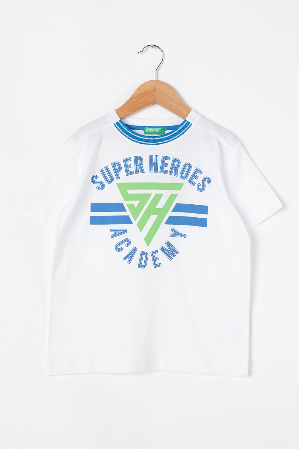 United Colors of Benetton, Tricou de bumbac cu decolteu la baza gatului, Alb/Albastru/Verde