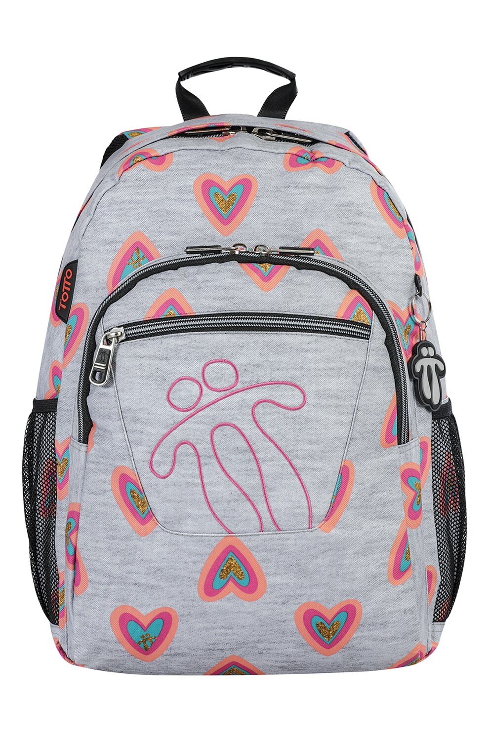 Totto, Rucsac cu model cu inimi si logo brodat, Gri deschis melange/Roz
