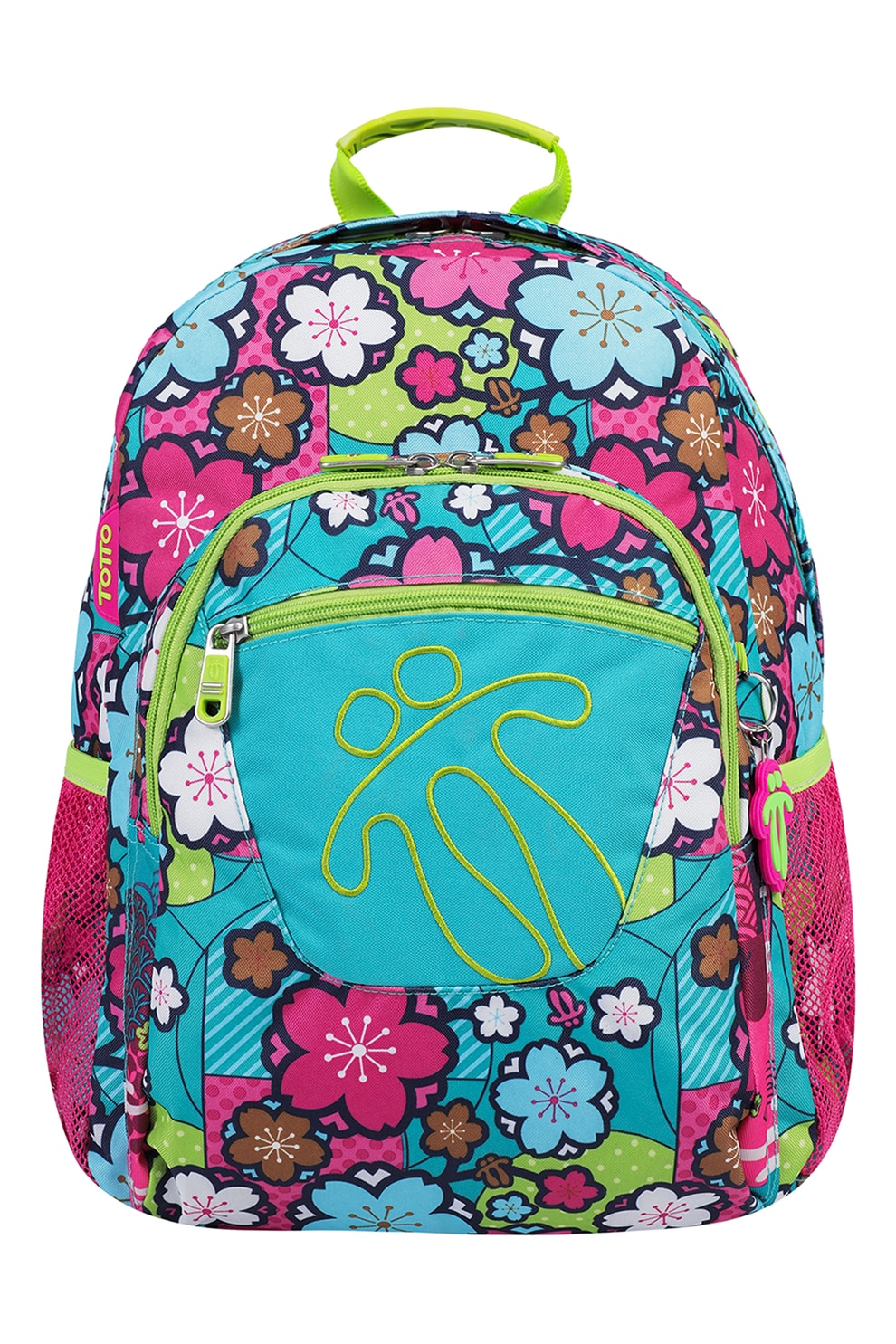 Totto, Rucsac cu model floral si buzunare laterale de plasa 20 L, Turcoaz/Roz/Verde