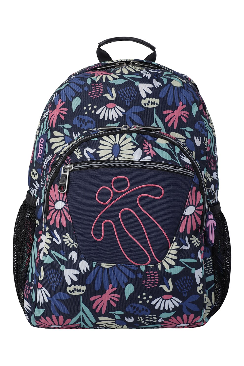 Totto, Rucsac cu model floral si buzunare laterale de plasa 20 L, Bleumarin/Roz/Alb