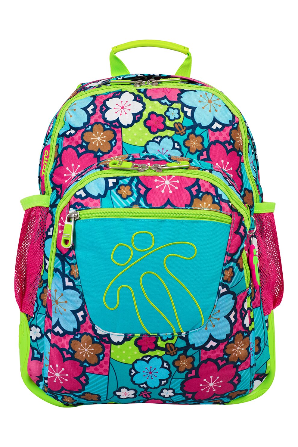 Totto, Rucsac din material textil cu imprimeu si buzunare frontale cu fermoar - 20L, Albastru/Verde/Roz