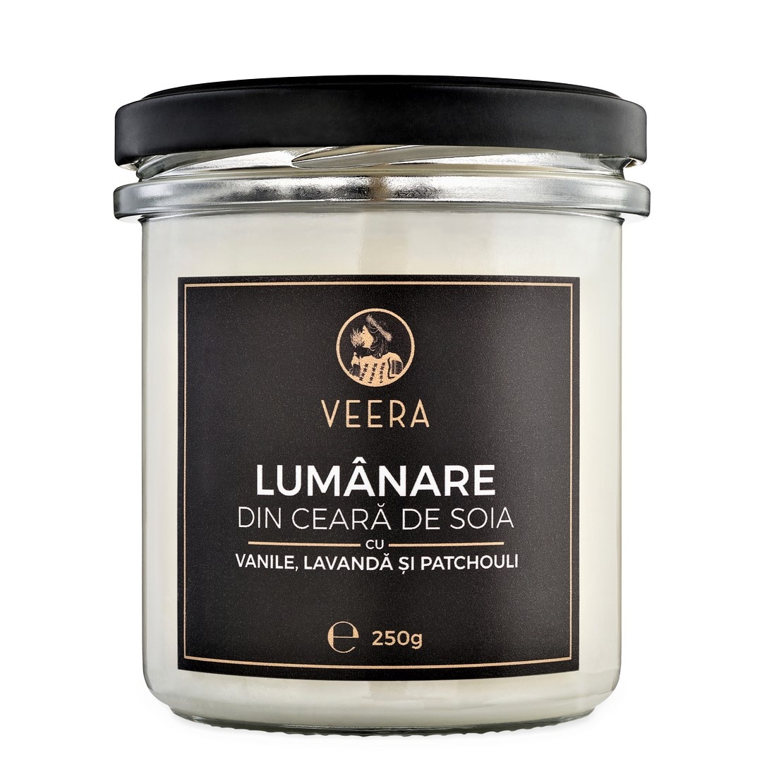 Lumanare din ceara de soia cu vanilie, lavanda si patchouli, Veera, 250g