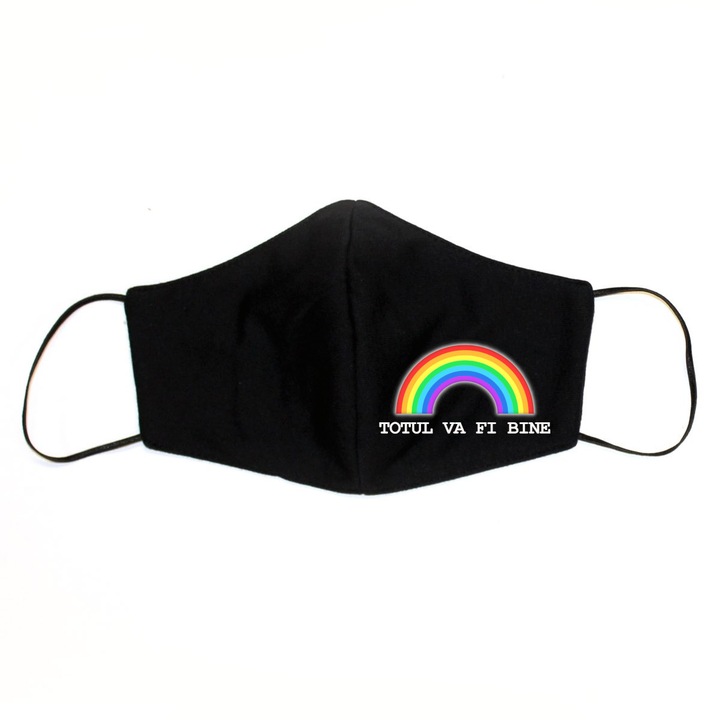 100% pamut védőmaszk, hímzéssel személyre szabva az üzenettel Minden rendben lesz, újrafelhasználható, 2 rétegű, Magic Mirror Fashion®, fekete