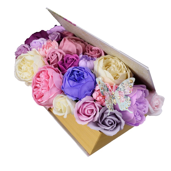 Aranjament carte din flori de sapun si licheni stablilizati, cu fluturas si 21 de fire