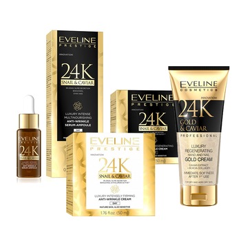 Set Eveline Prestige 24 k Snail & Caviar, Crema de zi anti-rid , 50 ml, Crema de noapte anti-rid , 50 ml, Ser , 18 ml, Crema de maini , 100 ml Set Eveline Prestige 24 k Snail & Caviar, Crema de zi anti-rid , 50 ml, Crema de noapte anti-rid , 50 ml, Ser , 18 ml, Crema de maini , 100 ml