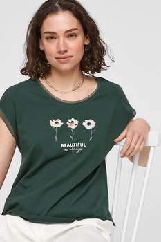 s.Oliver, Tricou din amestec de modal cu detalii din sifon, Verde inchis/Alb, S s.Oliver, Tricou din amestec de modal cu detalii din sifon, Verde inchis/Alb, S