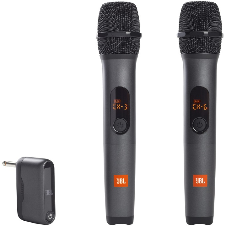Комплект 2 микрофона Wireless JBL, Receiver Wireless, Метална решетка, 6.35 мм, USB C, Черен