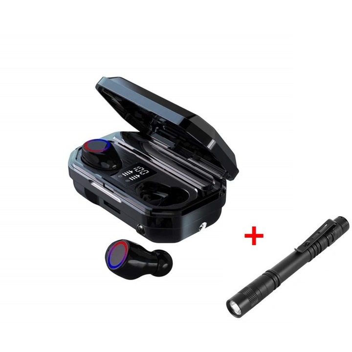 Безжични слушалки 1Tech TWS M12, Bluetooth 5.0 EDR, Powerbank, Тъч контрол, LED, Универсални, Черен + Мини LED Фенер, модел TSE-F21, Professional