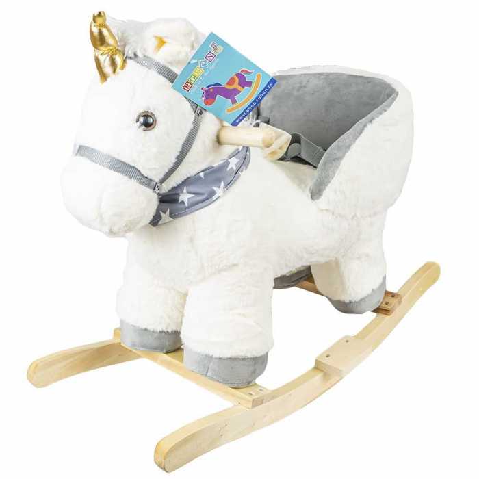 Balansoar din lemn si plus pentru bebelusi, emite sunete muzicale, Unicorn, Gri/Alb