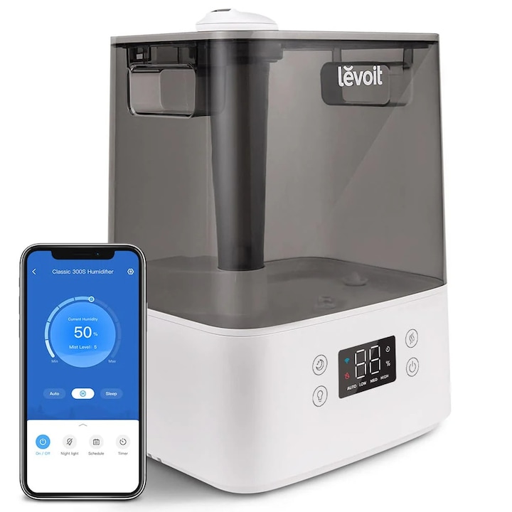 Umidificator de aer Levoit Classic 300S, Rezervor 6L, Super Silentios, Aplicatie Smart, Senzor Umiditate, Functie AUTO, Aromaterapie, Autonomie 60 ore