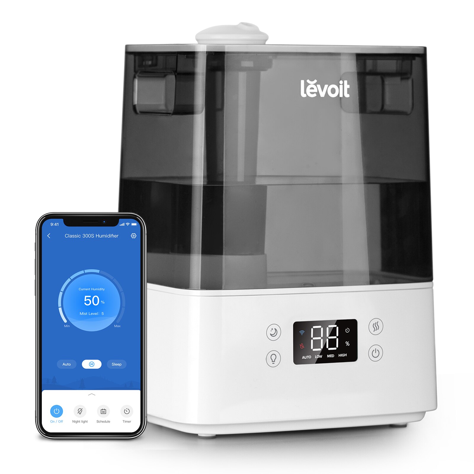 Umidificator de aer Levoit Classic 300S, Rezervor 6L, Super Silentios,  Aplicatie Smart, Senzor Umiditate, Functie AUTO, Aromaterapie, Autonomie 60  ore 