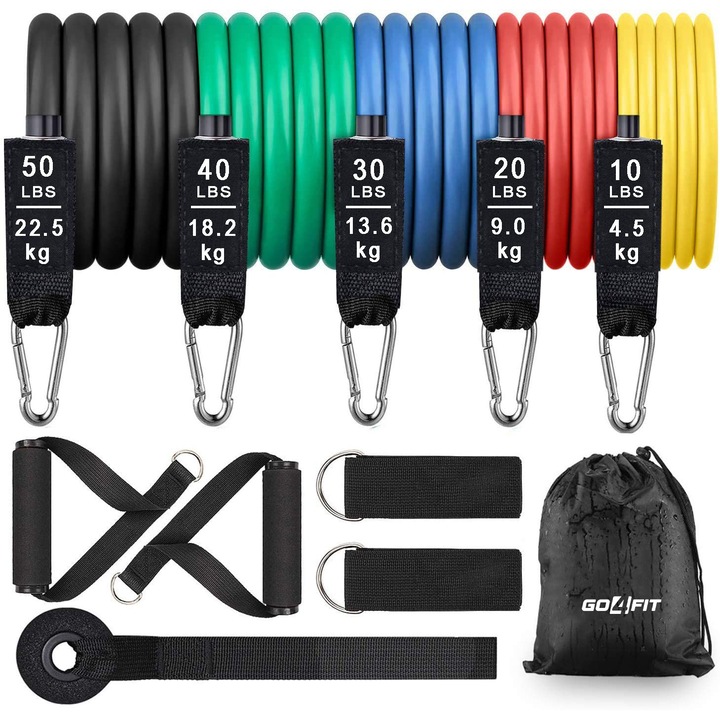 Set antrenament extensor cu 11 accesorii, GO4FIT, 5 benzi tubulare elastice, 2 manere, 2 chingi picioare, o ancora pentru usa si un saculet transport, pentru antrenament fitness, exercitii fizice, recuperare, sala, yoga, pilates, 150 lbs