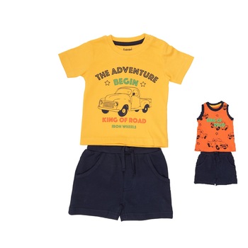 Set 3 piese Babybol baiat, bumbac, tricou ,maieu orange si pantalon scurt, galben/bleumarin, 6 ani , 116 cm Set 3 piese Babybol baiat, bumbac, tricou ,maieu orange si pantalon scurt, galben/bleumarin, 6 ani , 116 cm