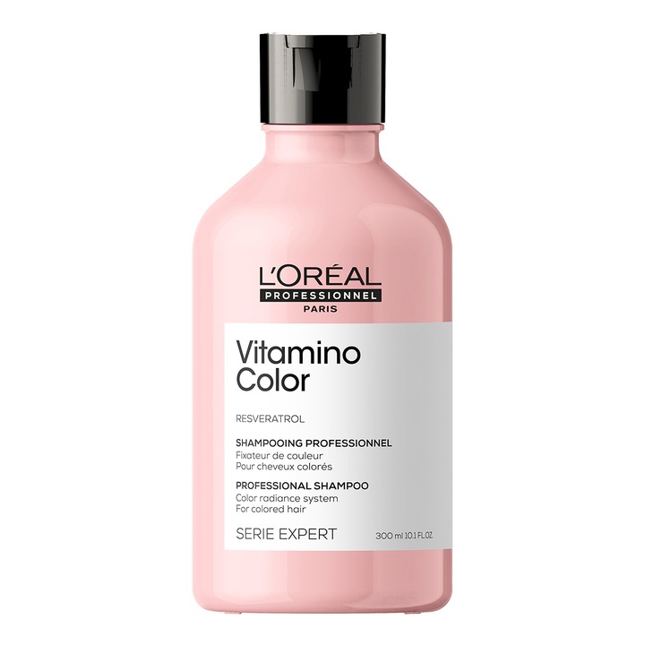 Sampon profesional, L’Oreal Professionnel Serie Expert Vitamino Color, pentru mentinerea culorii parului pentru un timp indelungat, formula cu Resveratrol, tehnologia antioxidanta, imbunatateste regenerarea fibrei, 300ml