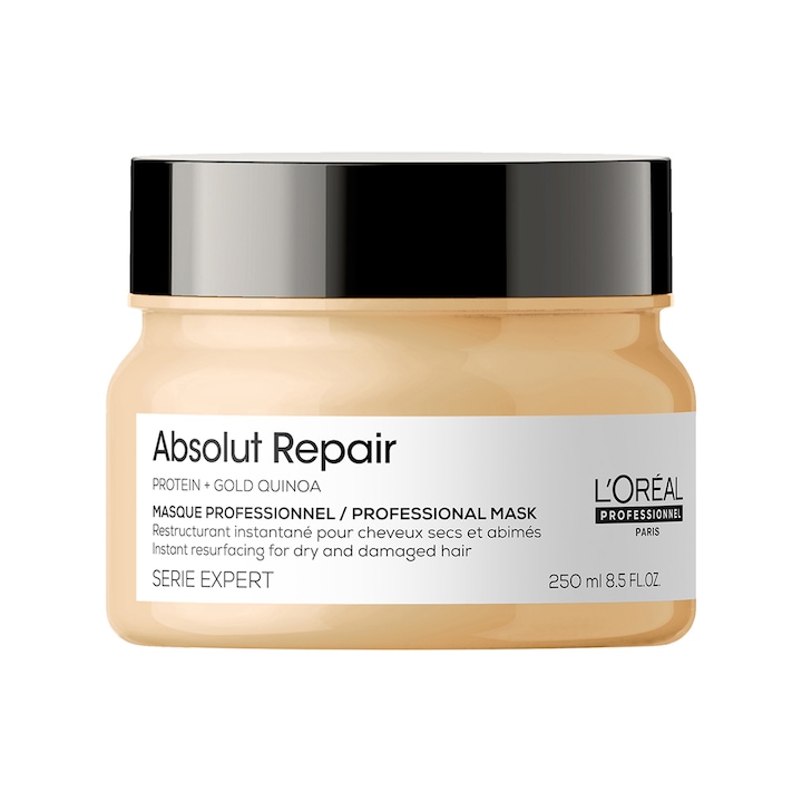 Masca de par, L’Oreal Professionnel Serie Expert Absolut Repair, pentru par uscat si deteriorat, cu extract din tarate de quinoa aurie si proteine pentru restructurarea si refacerea fibrei, 250ml