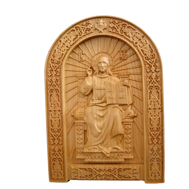 OEM Faragott Ikon, Jézus Krisztus a jobb bíró, tömörfa szobor, 17.5 x 24.5 cm