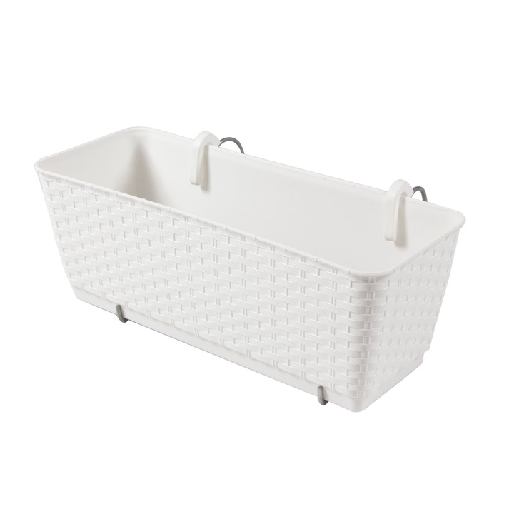 Jardiniera plastic, finisaj ratan sintetic, alb, sistem de auto-udare, carlige agatat, 40x15.5 cm, interior/exterior