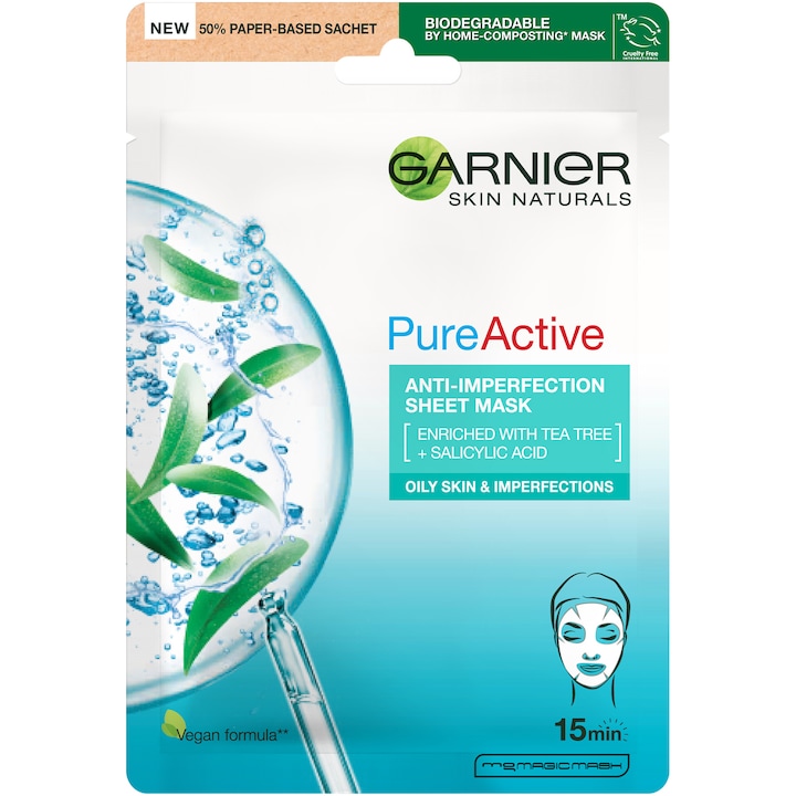 Маска за лице Garnier Skin Naturals Pure Active, Срещу несъвършенства, 23 г