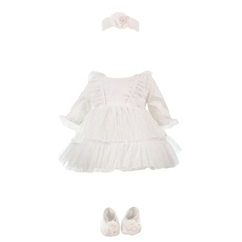 Rochie botez alba cu botosei si bentita, varsta 6-9 luni Rochie botez alba cu botosei si bentita, varsta 6-9 luni