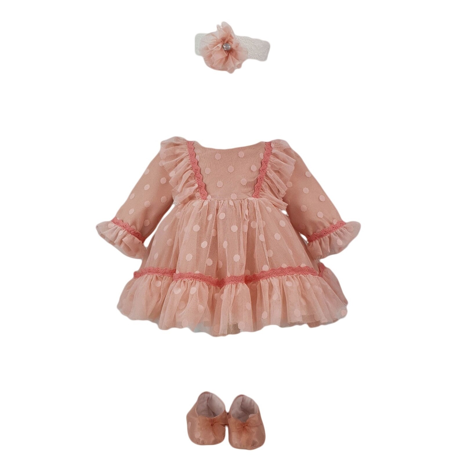 Rochie botez, 3piese, culoare roz, varsta 6-9 luni