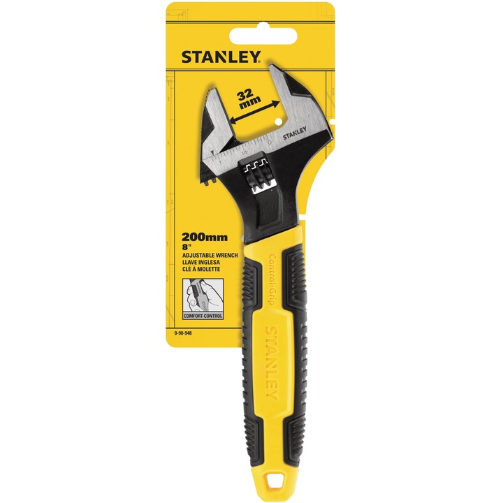 Регулируем гаечен ключ Stanley Maxsteel 0-90-948, 8"/200 мм, 15° ъгъл, Биматериална дръжка Control-Grip