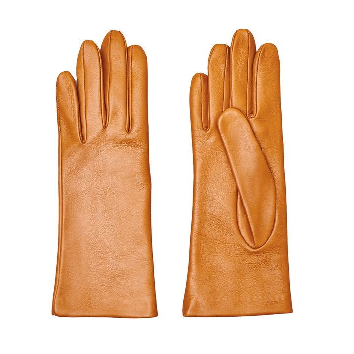 Manusi clasice pentru femei, piele nappa, captuseala matase, model Nora, Melanzana, Maro