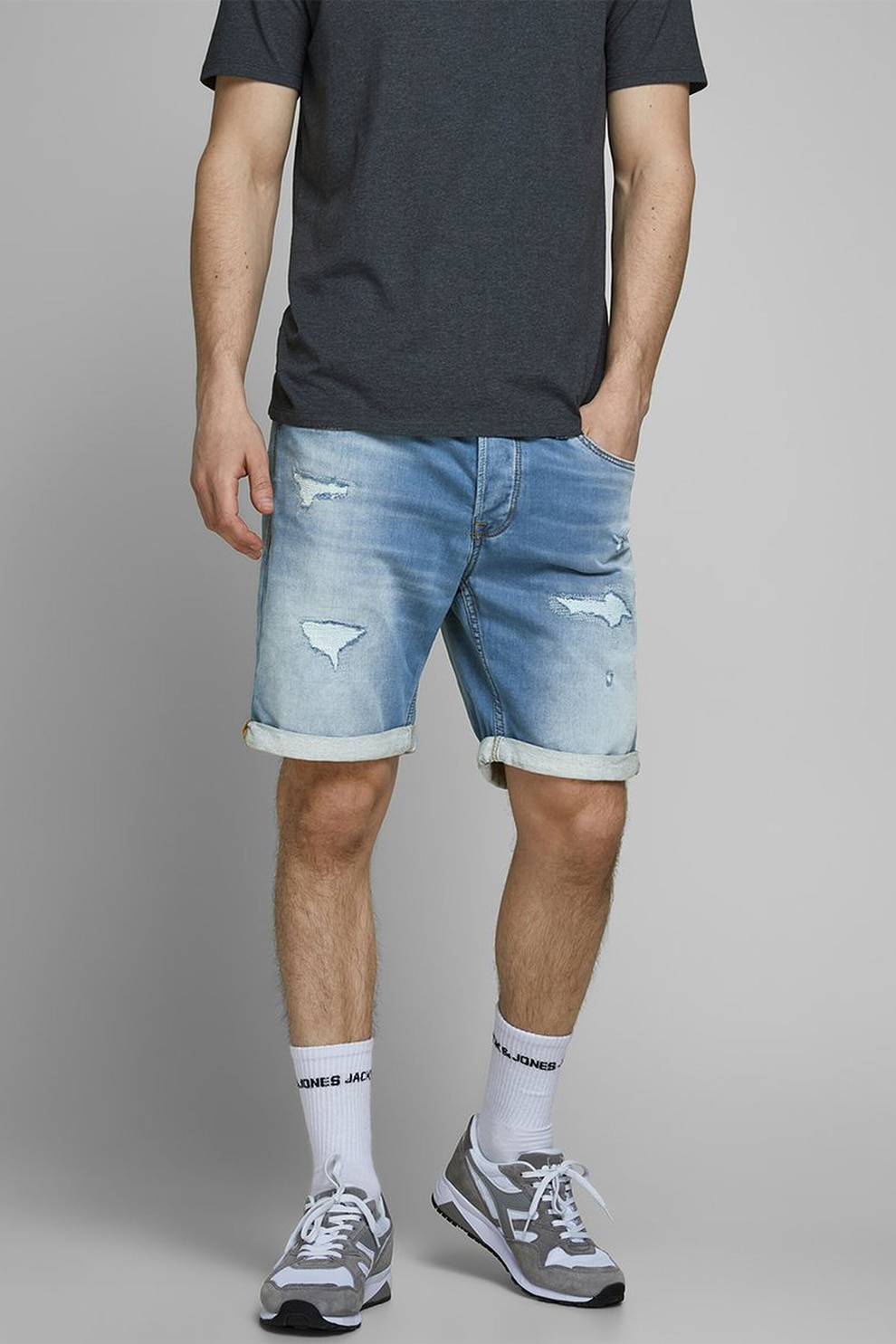 Jack&Jones, Pantaloni scurti din denim Rick Icon GE 009, Bleu/Alb