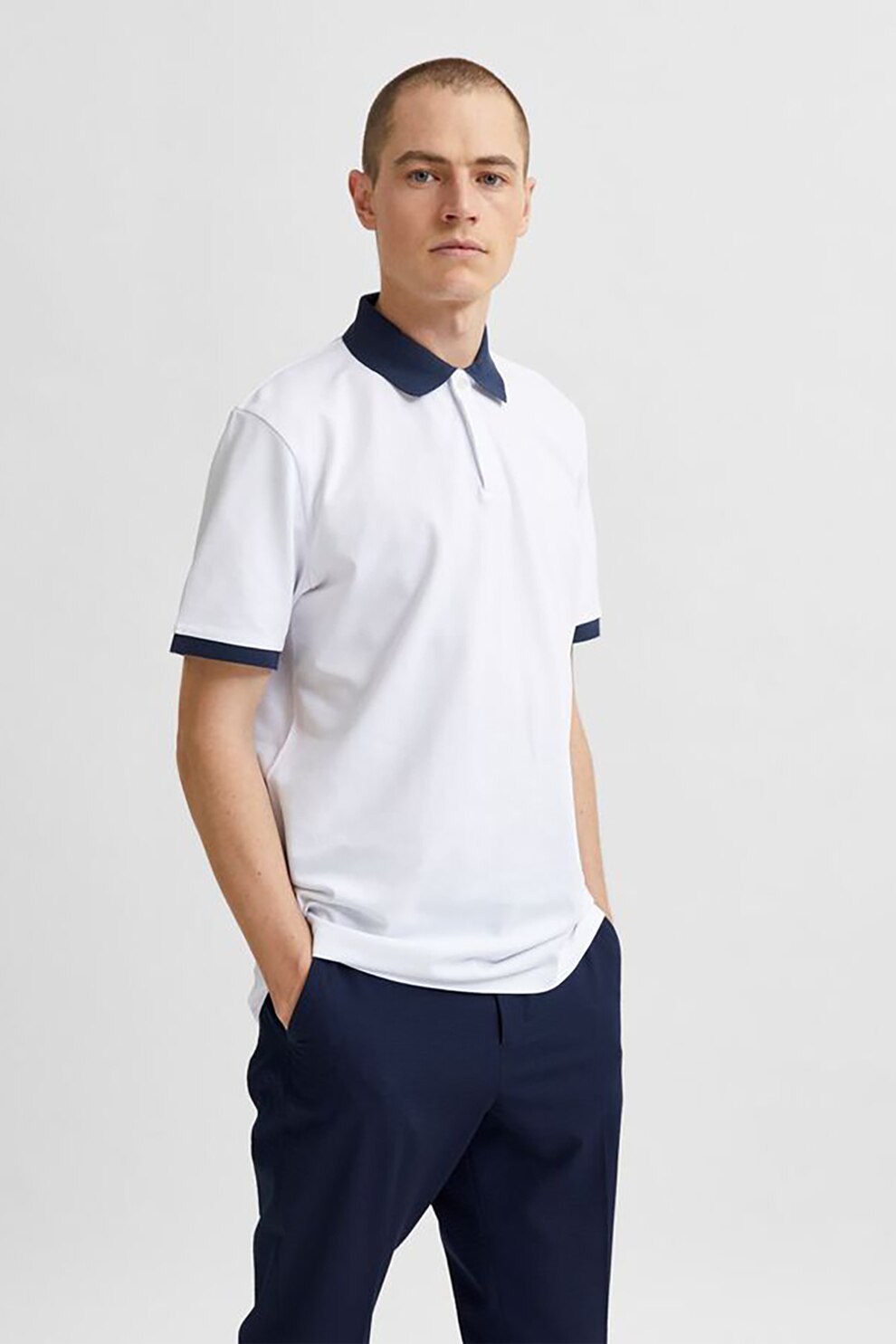 Selected Homme, Tricou polo din amestec de bumbac organic, Alb/Bleumarin