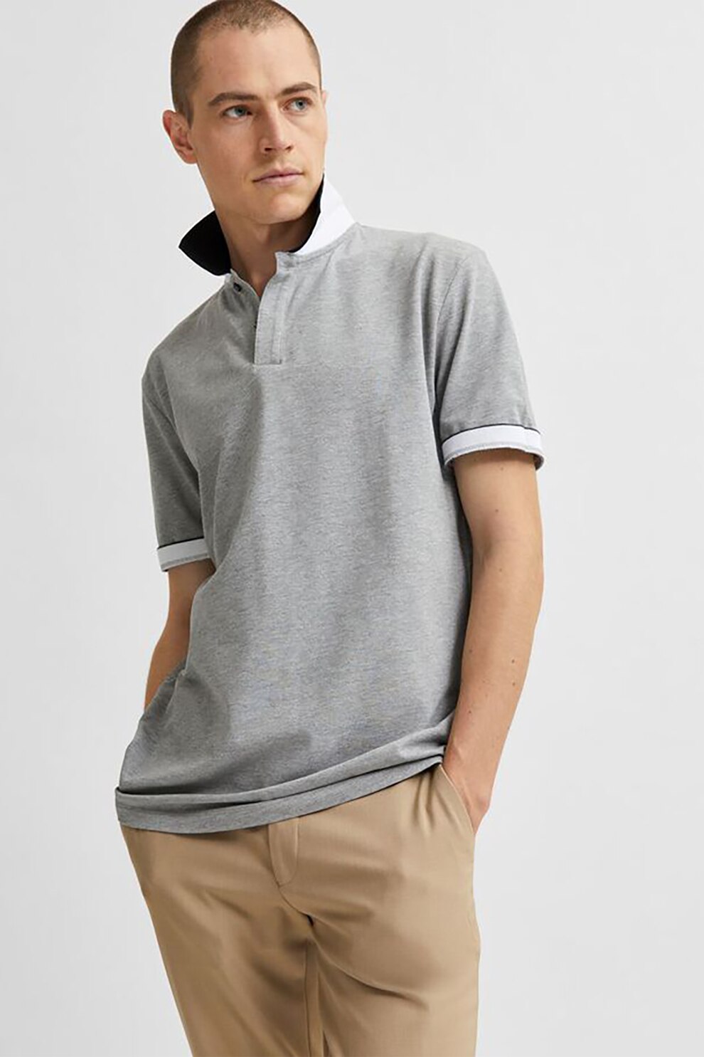 Selected Homme, Tricou polo din amestec de bumbac organic, Gri melange/Negru