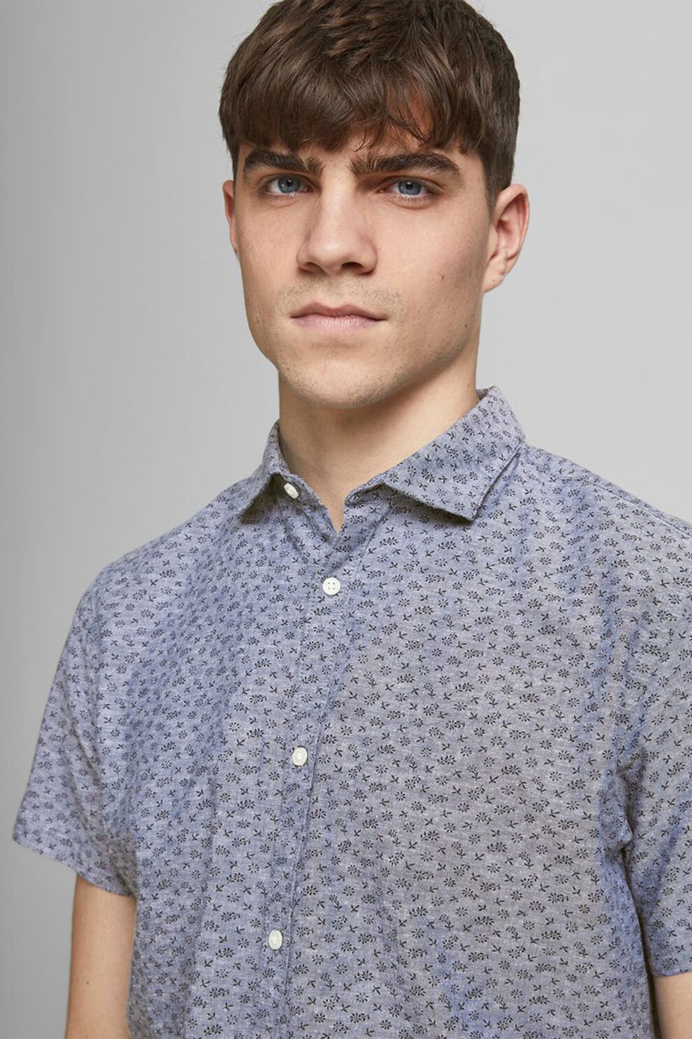 Jack&Jones, Camasa din amestec de in cu maneci scurte, Albastru prafuit