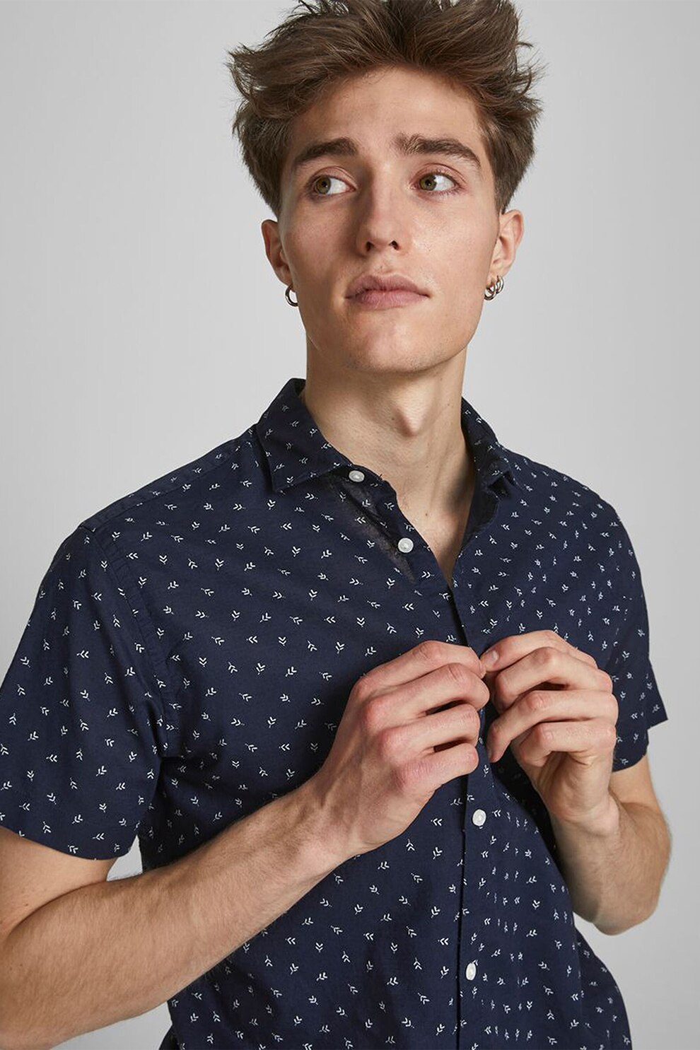 Jack&Jones, Camasa din amestec de in cu maneci scurte, Bleumarin inchis