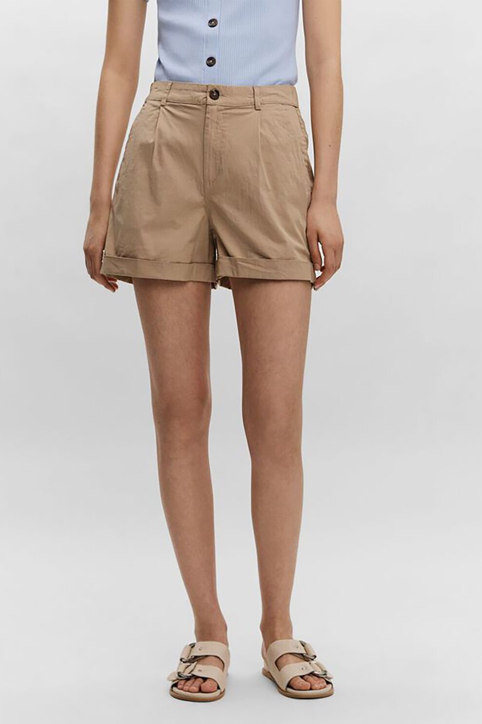 Vero Moda, Pantaloni scurti cu talie inalta si buzunare oblice, Maro nisip