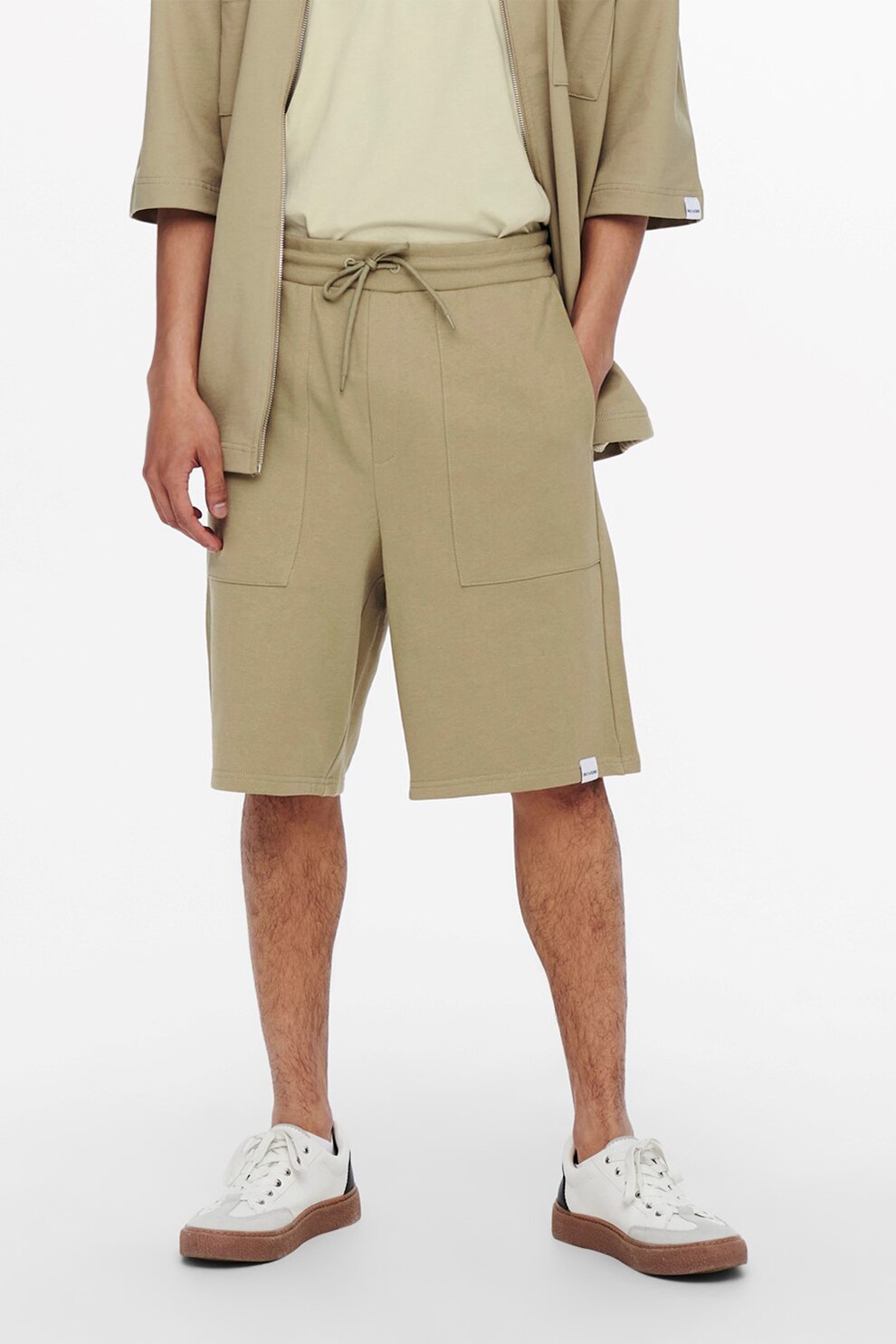 Only & Sons, Bermude de bumbac organic cu snur in talie, Kaki, S