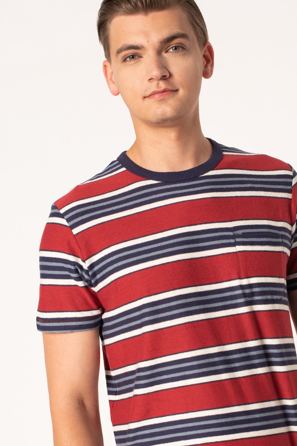 Jack&Jones, Tricou din amestec de in, cu decolteu la baza gatului, Rosu inchis/Bleumarin/Alb