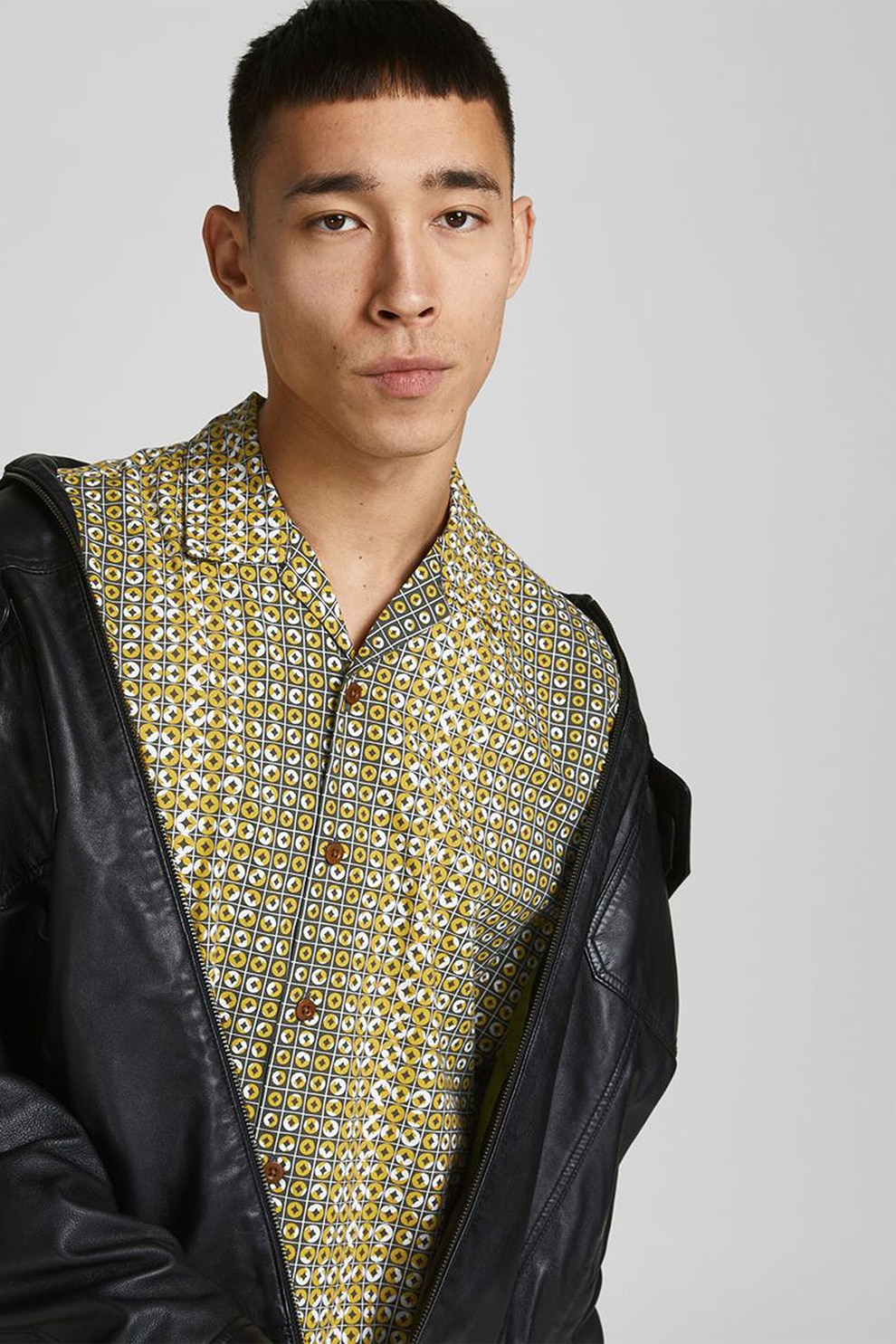 Jack&Jones, Camasa relaxed fit cu maneci scurte si model geometric, maro taupe, galben pal