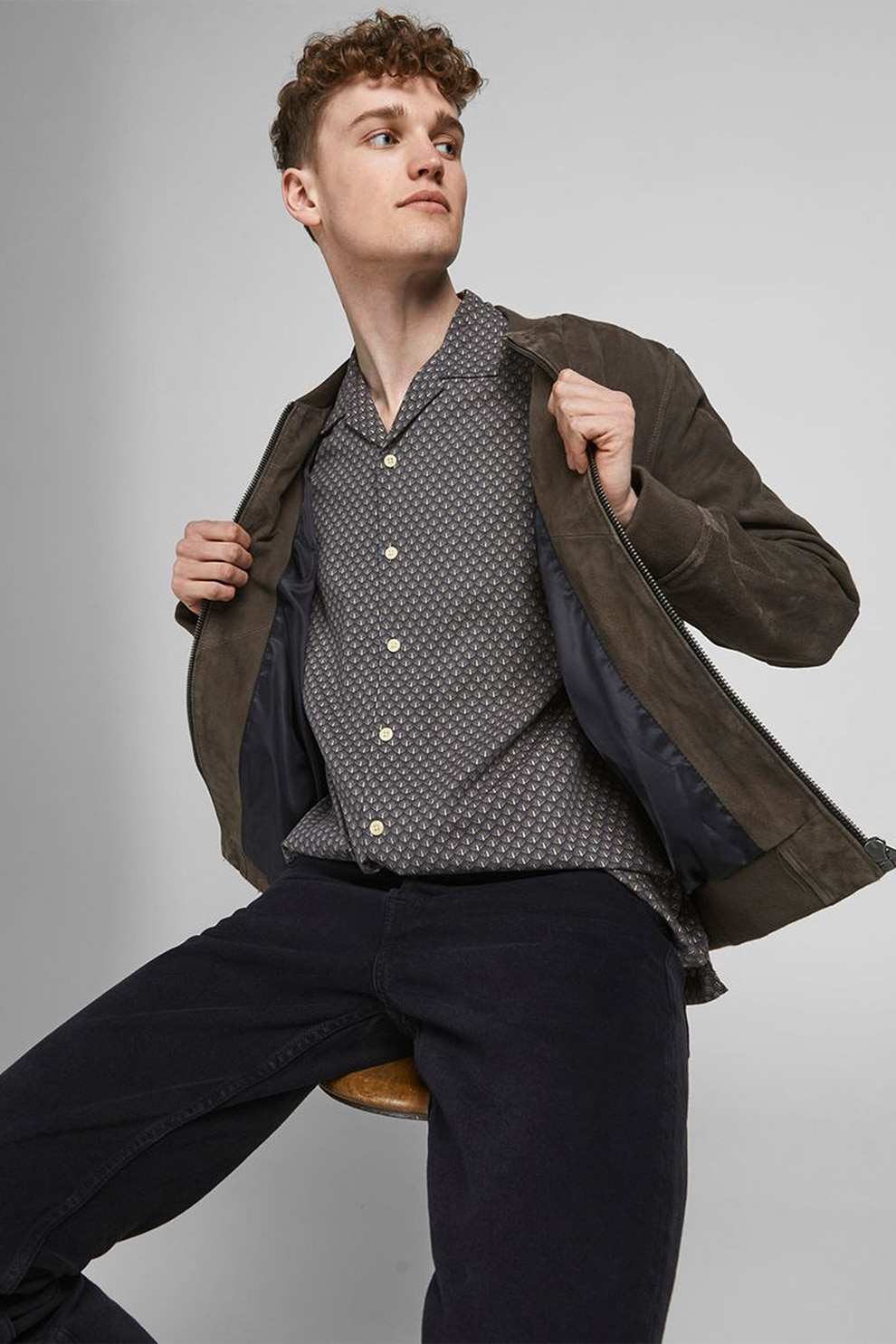 Jack&Jones, Camasa relaxed fit cu maneci scurte si model geometric, Gri inchis