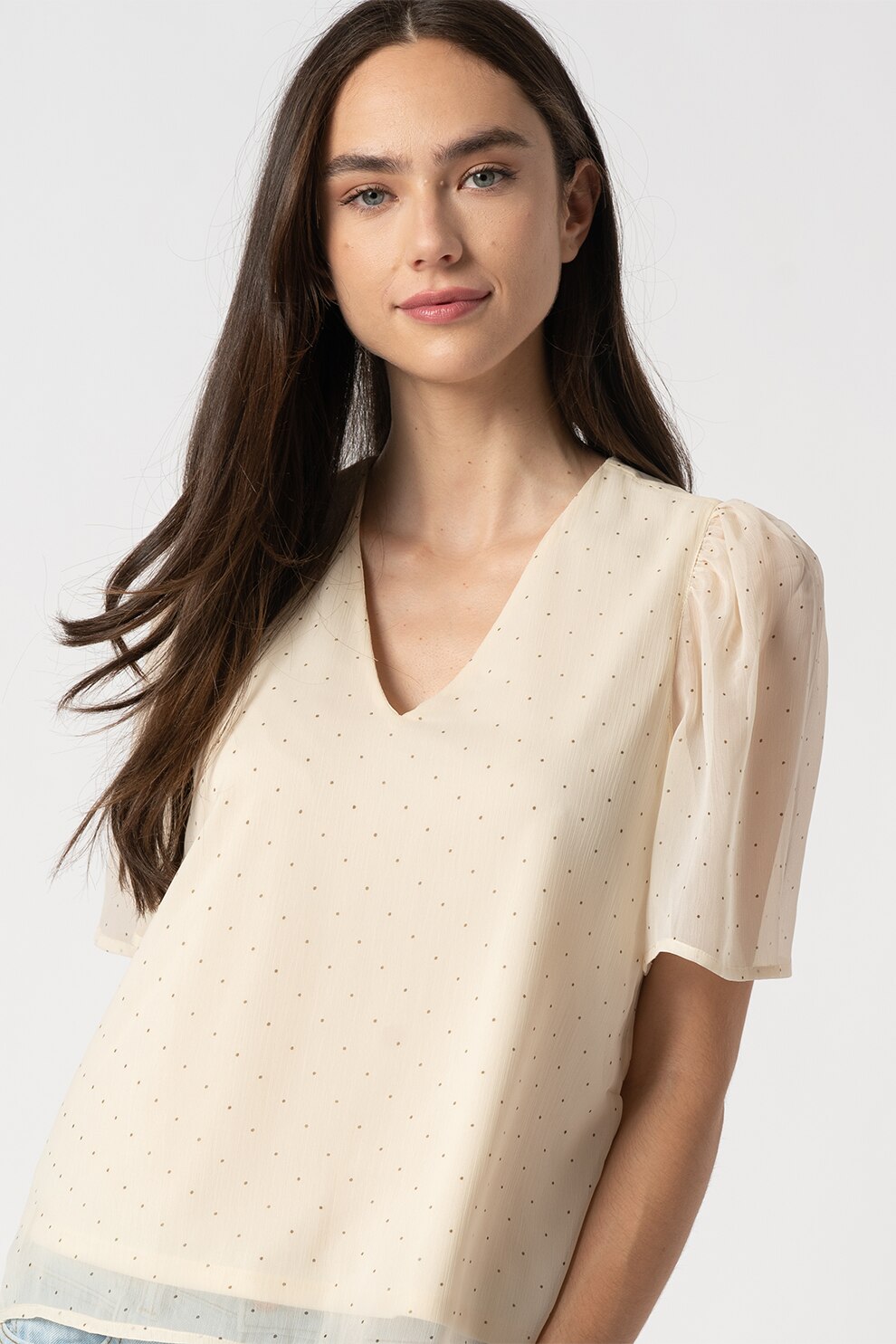 Vero Moda, Bluza cu decolteu in V si buline Olana, Bej