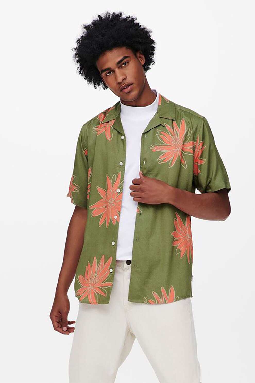 Only & Sons, Camasa din viscoza cu imprimeu floral, Verde sparanghel/Oranj