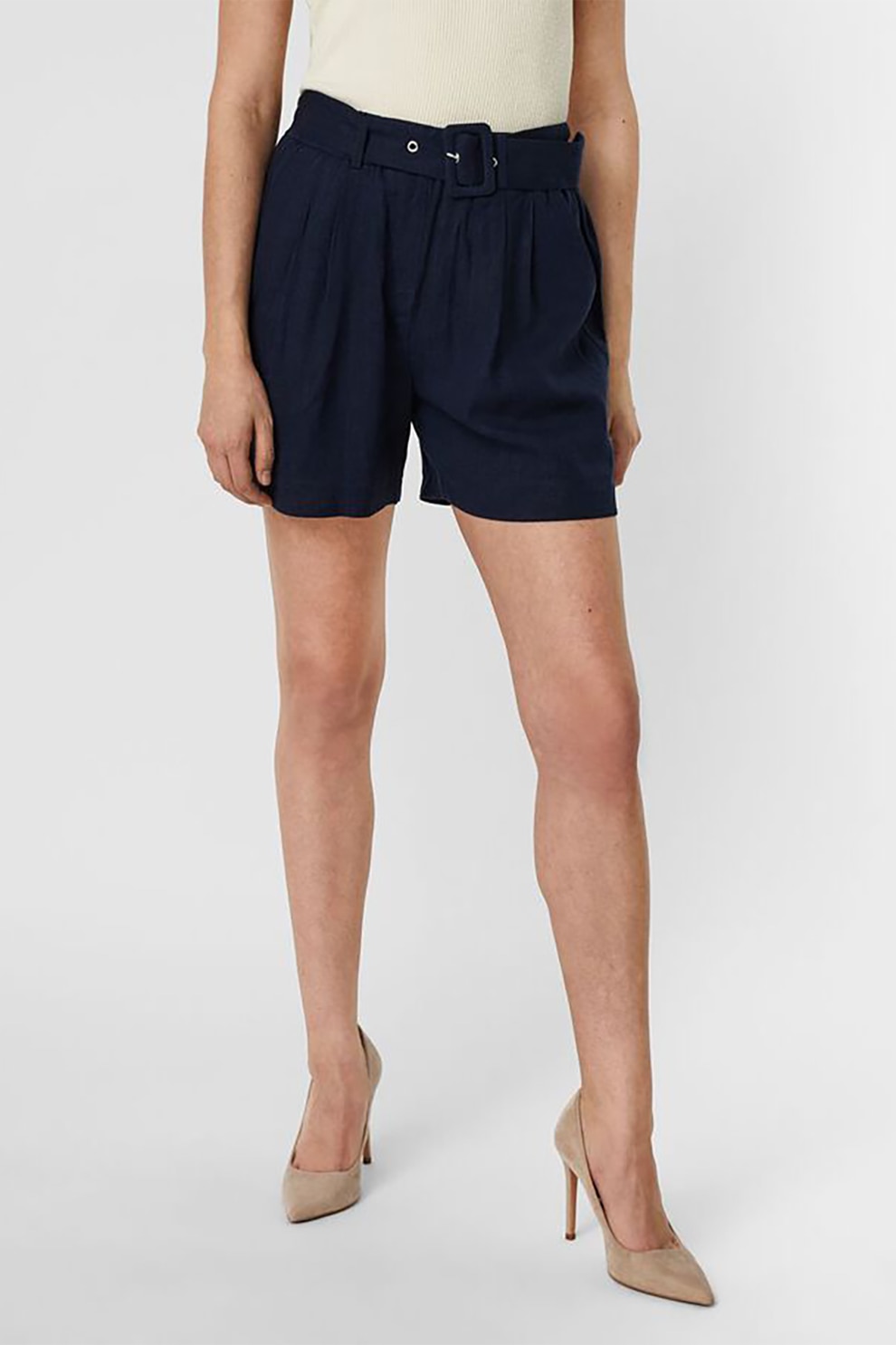 Vero Moda, Pantaloni scurti din amestec de in cu talie inalta, Bleumarin inchis