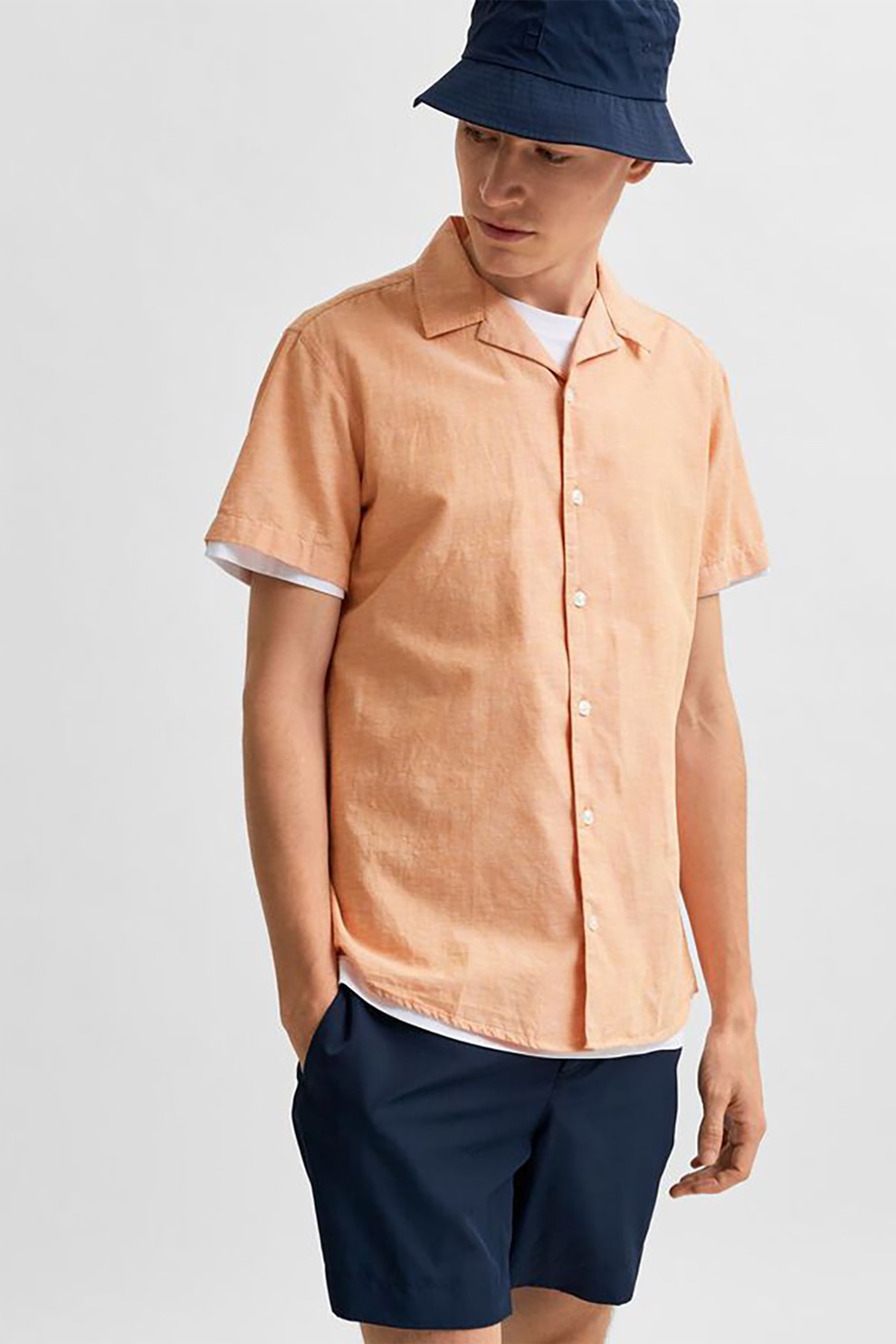 Selected Homme, Camasa din amestec de in cu maneci scurte, Oranj pal