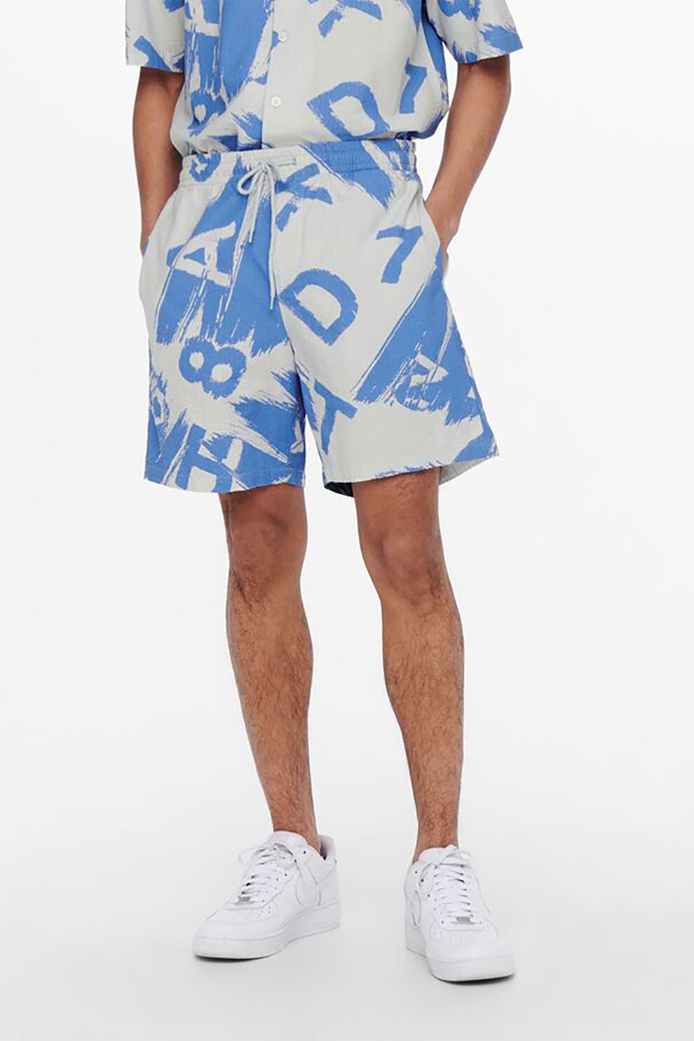 Only & Sons, Pantaloi scurti din imprimeu cu snur in talie, Gri deschis/Bleu, XL