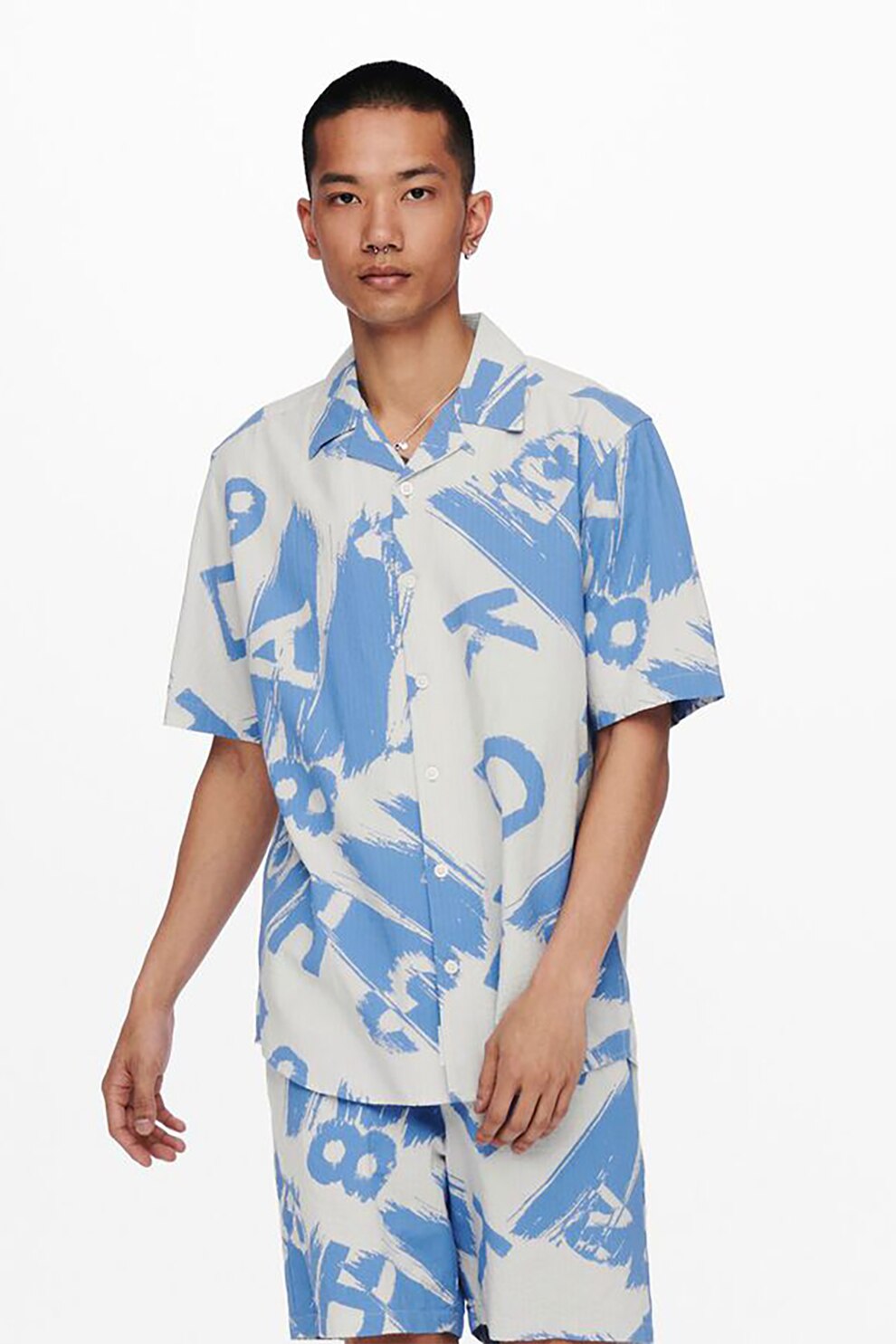 Only & Sons, Camasa cu imprimeu si revere decupate, Gri deschis/Bleu, M